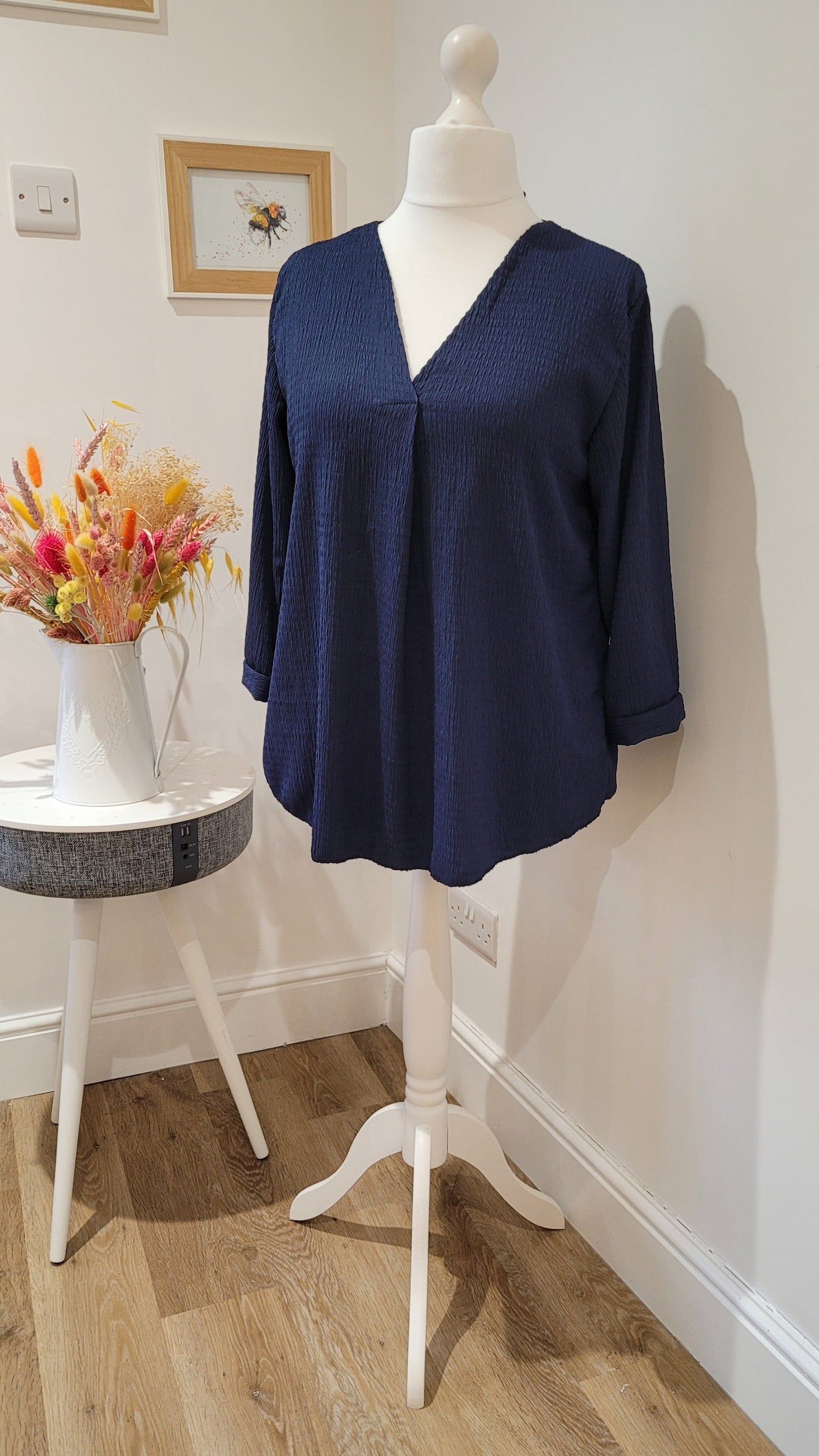 Navy Liyla Italian Crepe V Neck Top