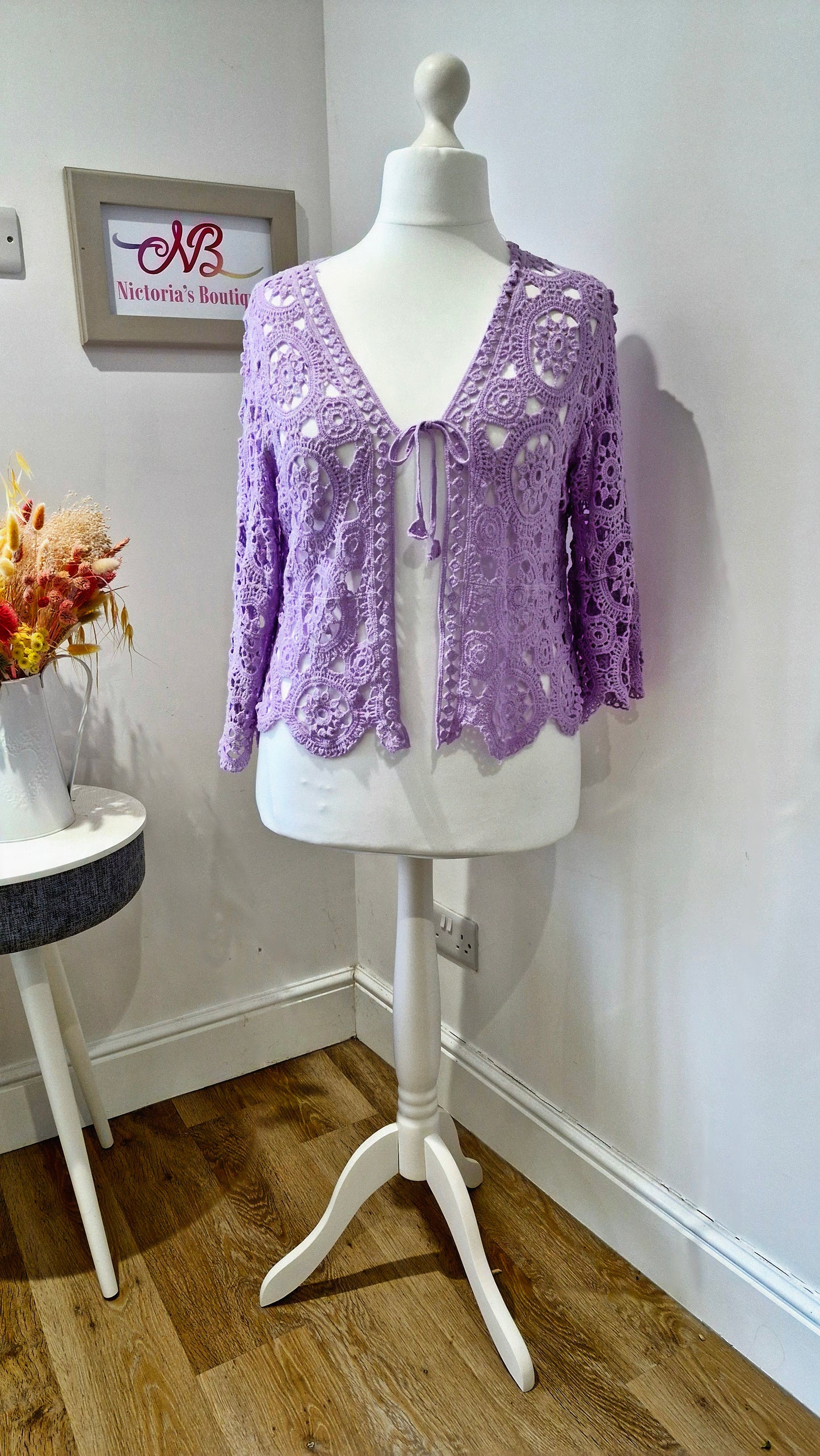 Belle Crochet Lace Shrug Lilac