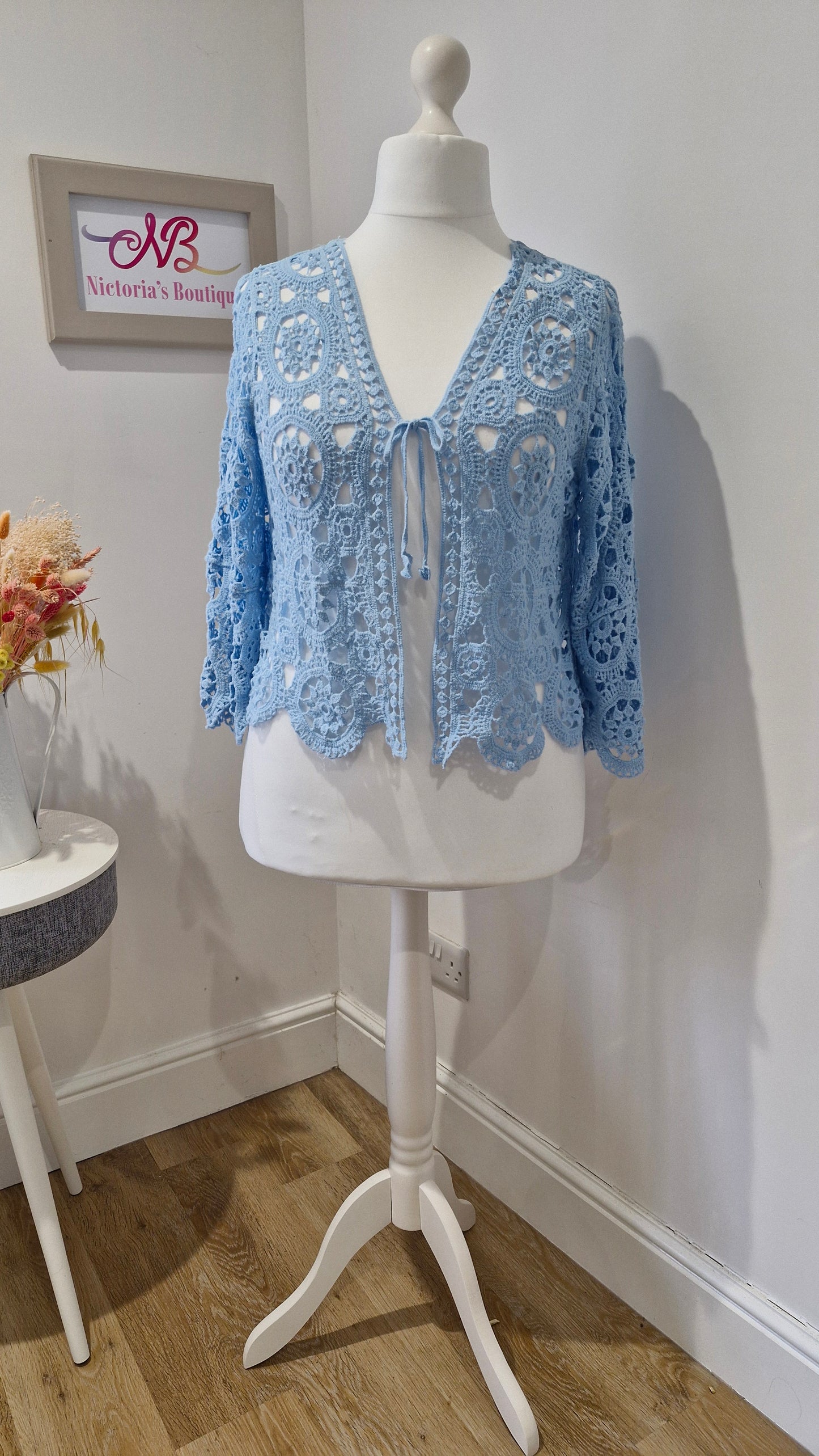 Belle Crochet Lace Shrug Powder Blue