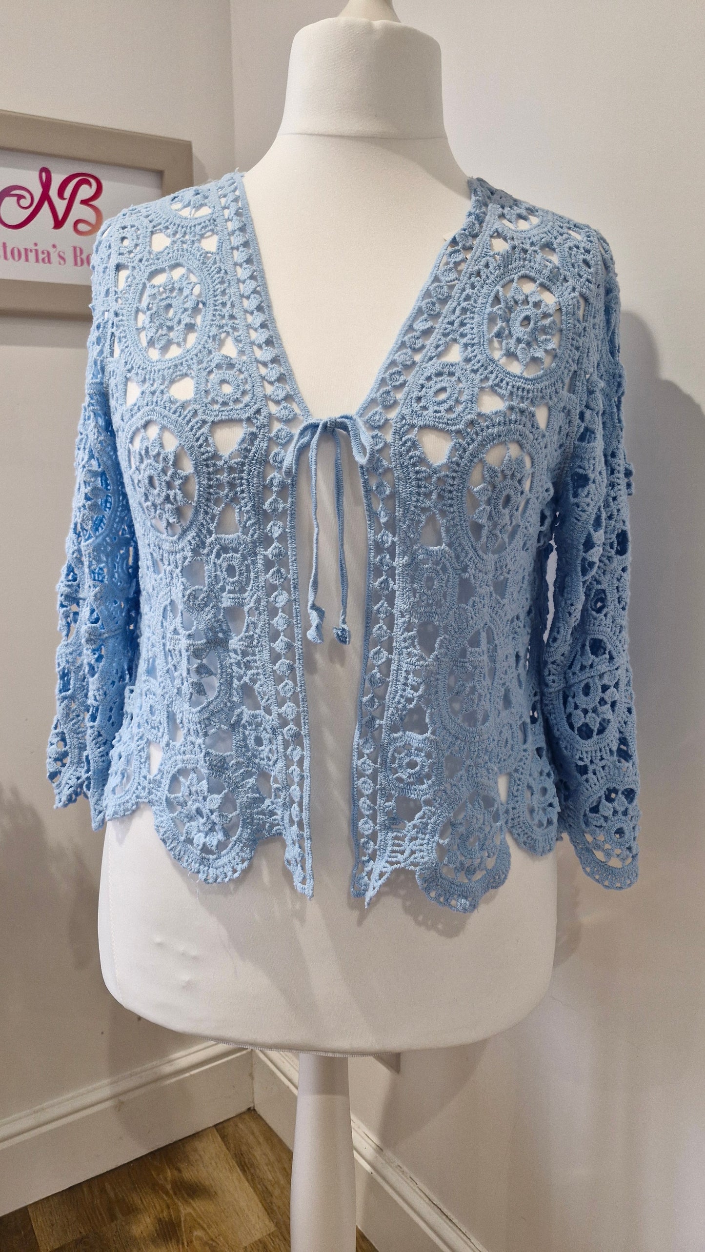 Belle Crochet Lace Shrug Powder Blue