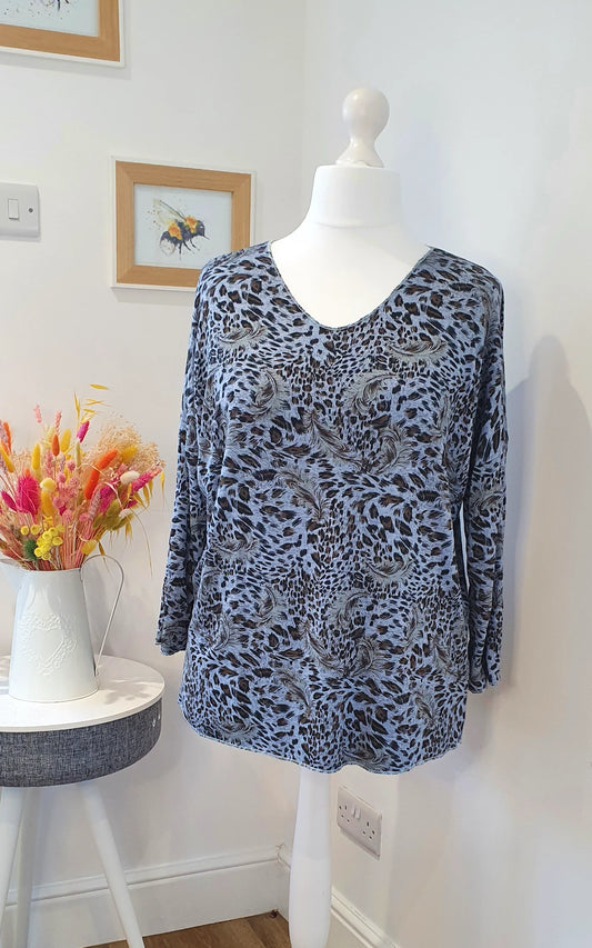 Italian Animal V Neck Fine Knit Top -  Blue