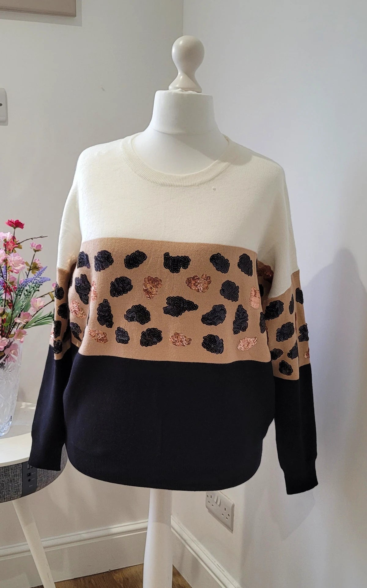 Crew Neck Tri Colour Sequin Embellished Jumper