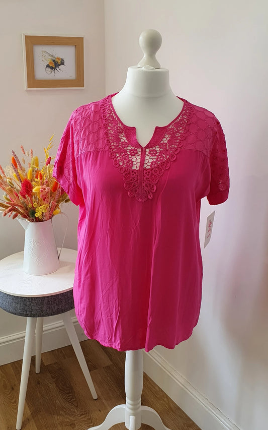 Crochet Shoulder Cotton Top - Cerise