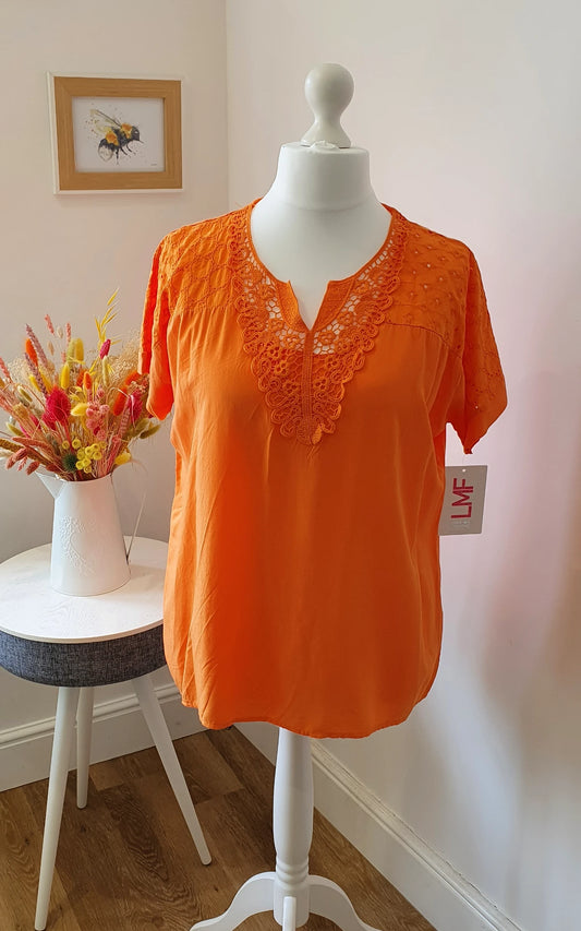 Crochet Shoulder Cotton Top - Orange