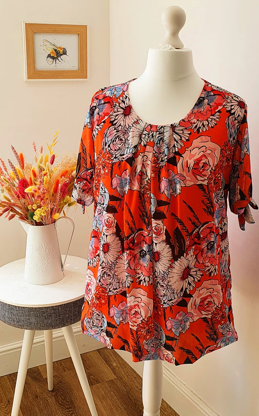 Floral Print Bubble Hem Top Orange