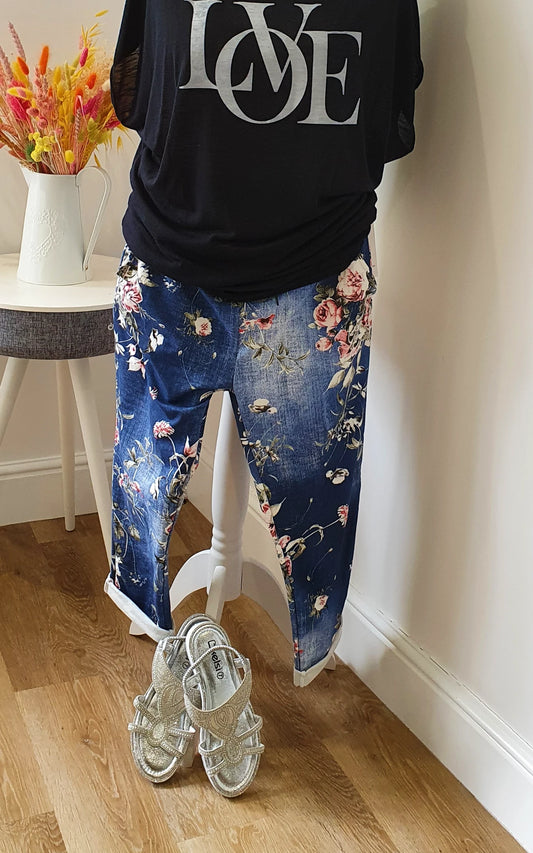 Italian Floral Print Jean Joggers