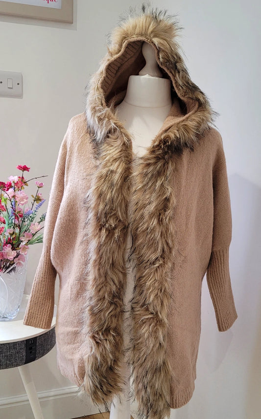 Fur trimmed hooded cardigan