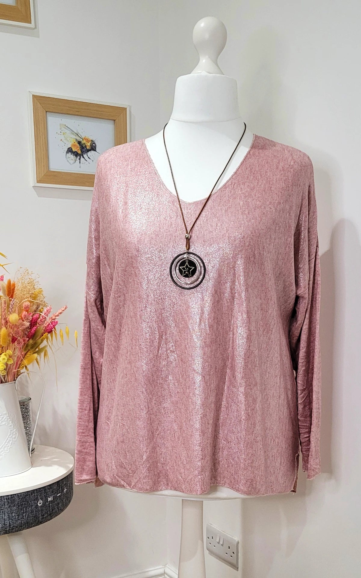 Pink Shimmer and Shine Long Sleeve V Neck Top