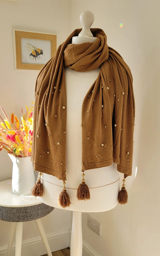 Italian Pearl and Diamanté Tassel Shawl/Scarf