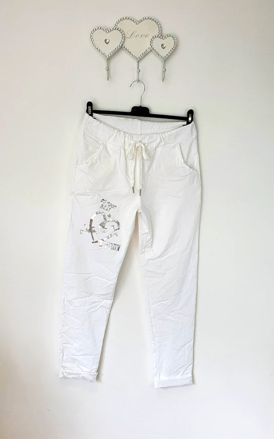 White Foil Motif Magic Trousers