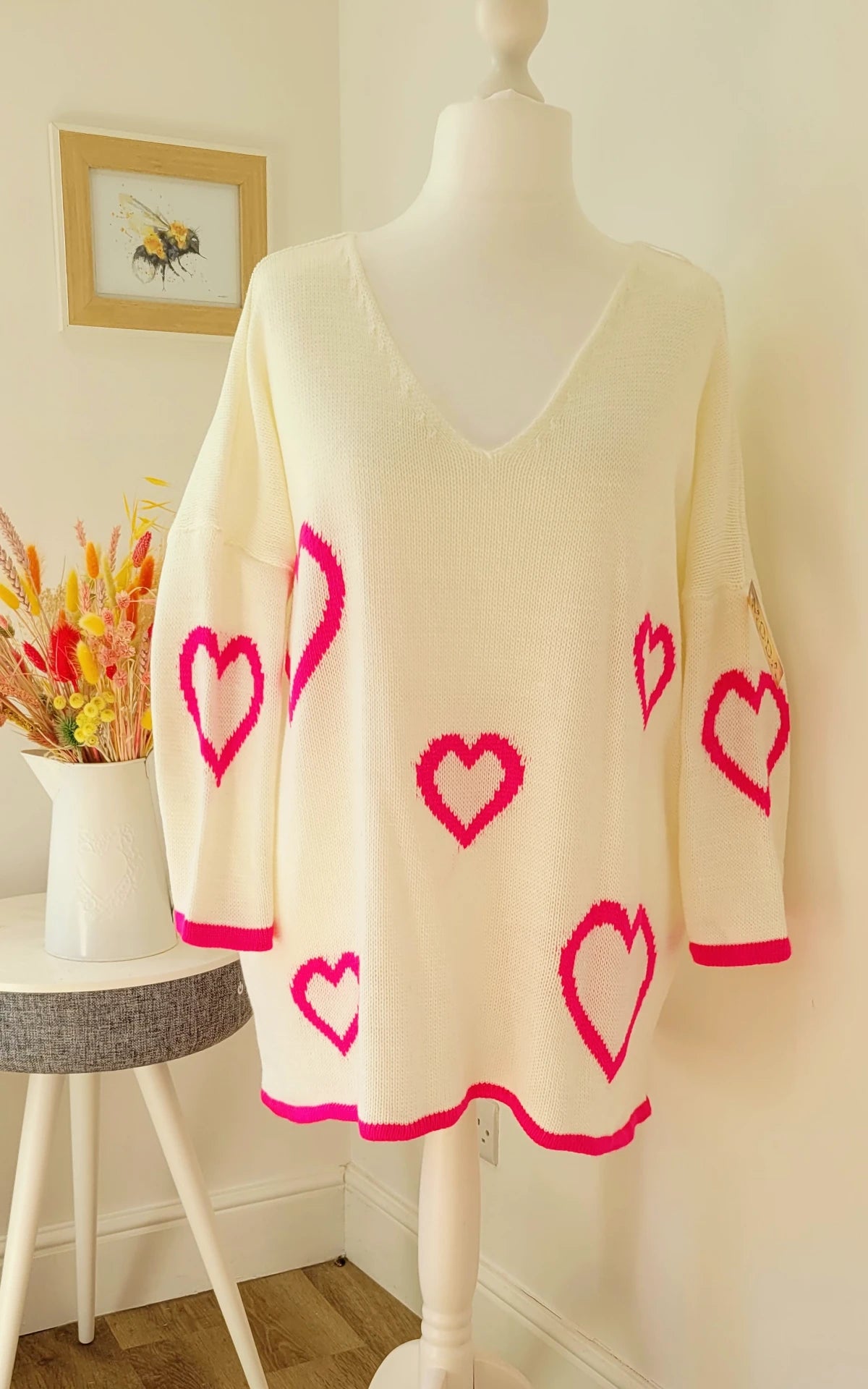 Funky Heart Knit Jumper White/Pink